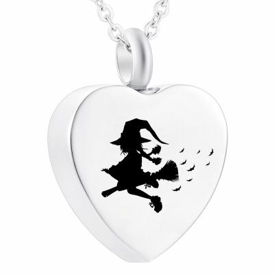 China Halloween Heart CLASSIC Ashes Stainless Steel Dangle Witch on Broom Flying Memorial Cremation Urn Heart Necklace Jewelry for sale