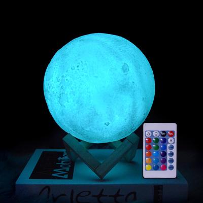 China Modern Living Room Bedroom Decorative 3D Moon Lamp Visual Bedside With Wooden Stand Dimmable Around Night Table Light for sale