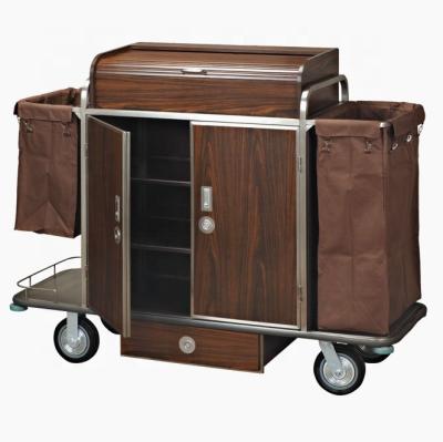 China Luxury Wooden Serving Trolley Hotel Room Laundry Housekeeping Cleaning Trolley for sale