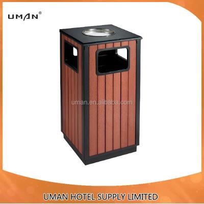 China Sustainable Outdoor Garbage Bin / Wooden Outdoor Waste Bin With Ashtray for sale