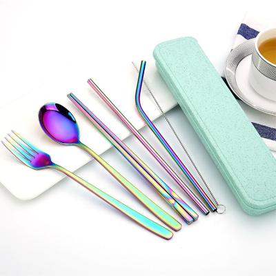 China Sustainable Camping Travel Stainless Steel Flatware Set Portable Cutlery Set With Straw for sale