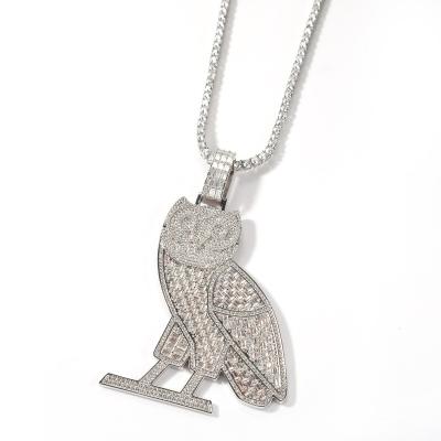 China New Hiphop Hip Hop White Gold Iced Out Retro Animal Owl Zircon Pendant Long Necklace Sweater Pendant Jewelry Tide Chain Brand for sale