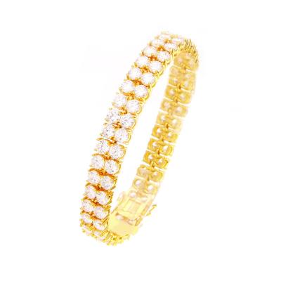 China Hiphop Hip Hop Men's Double Row Iced Out Diamond Bracelet 2 Rows Zircon Gemstone 18K Gold Plated Moissanite Bracelet for sale