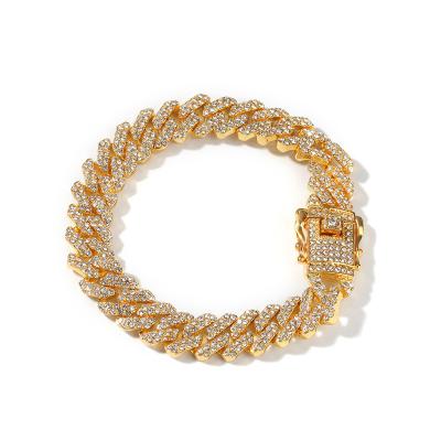 China New 12mm Cuban Chain Bracelet Mens Hiphop Bar Full Gold Plated Rhinestone Charm Alloy Hip Hop Iced Out Bracelet for sale