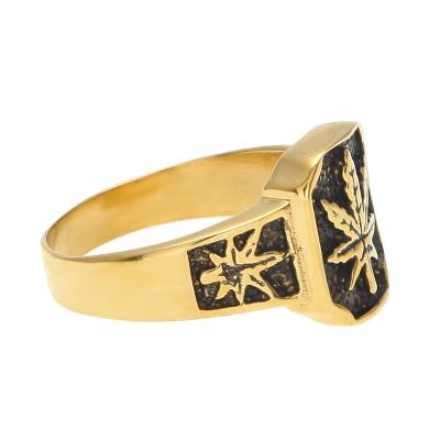 China Trendy New Retro Hip Hop Hip Hop Ring Men Hemp Leaf Ring Gold Plated Stainless Steel Maple Leaf Rings for sale