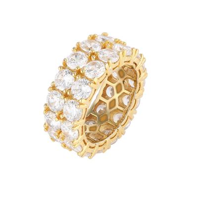 China Hiphop Double Row Zircon Ring Men Gold Filled Gemstone Zircon Iced Out Luxury Moissanite Ring One Drop for sale