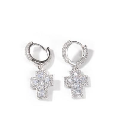 China Hiphop Hip Hop Punk Cross Earrings Retro Fashion Full Diamond Iced Out Copper Inlaid Zircon Iced Out Earrings Same Earrings for sale