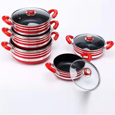 China Stocked 5pcs Red Aluminum Nonstick Soup Pot Set 20-32CM Aluminum Cookware Set for sale