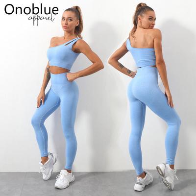 China Breathable Gym Activewear 2021 Set Women One Shoulder Sports Bra Leggings Two Piece Set for sale