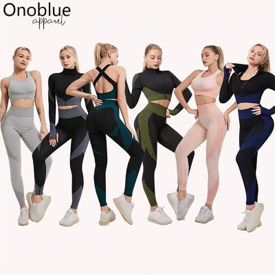 China Other Top Set Criss Back Bra Yoga Leggings Cross 3 Piece Gym Sports Equipment High Quality Seamless Striped Zipper Crop Wear Pants 2021 for sale