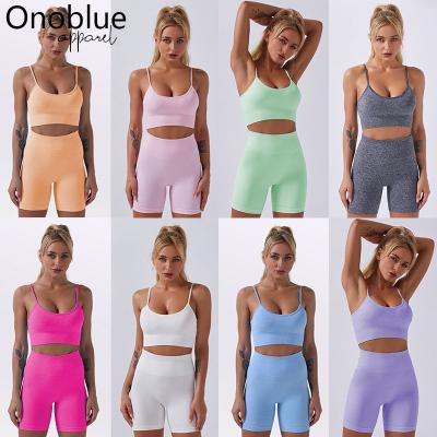 China 2021 Women High Waist Gym Seamless Sportswear QUICK DRY Spaghetti Strap Shorts Bra 2 Piece Fitness Sportswear Yoga Sets for sale