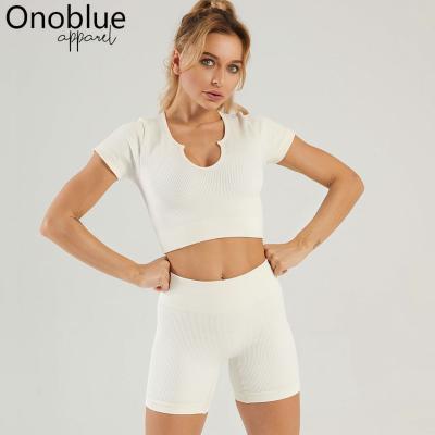 China 2021 High Quality Female Gym 2 Ribbed Women Summer Workout Activewear Breathable Two Piece Seamless T-Shirt Shorts Leggings Yoga Shorts Set for sale