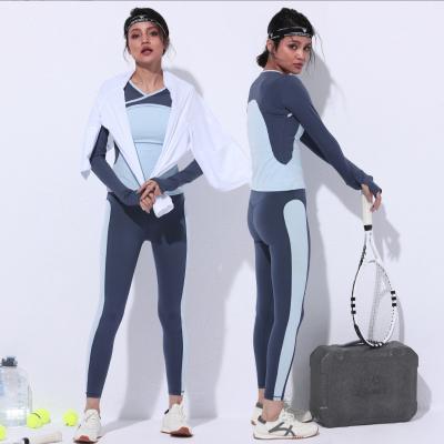 China Autumn Women Breathable Clothes Yoga Set Original Contrast Color Quilting Long Sleeves Stretch Fitness Sportswear Tight Top Four Way Suit for sale