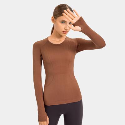 China New Women's New Women's Breathable Round Neck Sports Long Sleeved Round T-shirt Slim Breathable Yoga Fitness Tops Running Sweater Sweater for sale