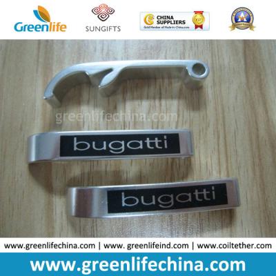 China Top Quality Silver Plating Surface Promotional Bottle Opener w/Black Logo Printing for sale