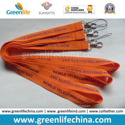 China Flat ribbion 20mm wide orange polyester badge lanyard w/custom purple logo silkcreen printing and claw clip&phone loop for sale