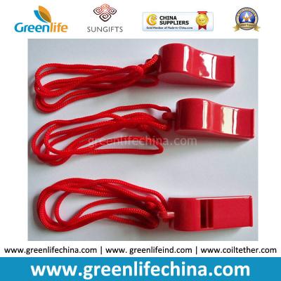 China High Quality Promotional Plastic Whistle with Red Round Neck Strap for Alerting Using for sale