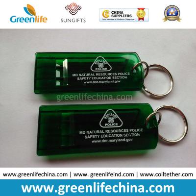 China Customized Green Flat Alerting Whistle White Logo Printed w/Key Ring for sale