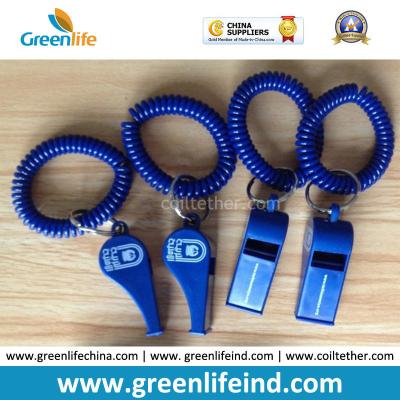 China Popular Sales Blue Plastic Wristband Coiled Holder w/Blue Custom Logo Imprinted Whistle for sale