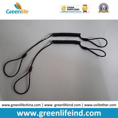 China Black Color Strong Strength Plastic Steel Wire Spring Tool Tether w/Big Cord Loop Ends for sale