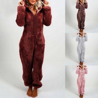 China Ladies 1-Piece QUICK DRY Pajamas Solid Color Plus Christmas Hooded Fleece Plush Overalls Pajamas 2021 New Arrivals for sale