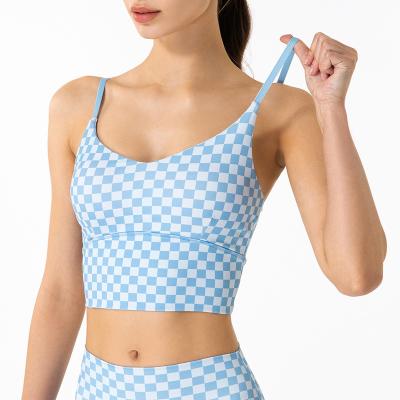 China Newest OEM Adjustable Strap Yoga Vest Fitness Breathable Wholesale Gym Gym Workout Custom Logo Checkered Gather Women Sports Bra for sale