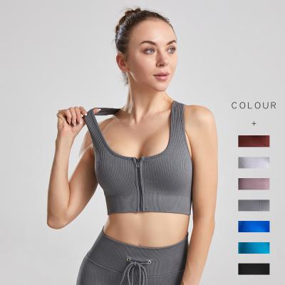 China Breathable Summer Threaded Solid Color Zipper Vest High Intensity Sports Gathered Bra Women's Yoga Suit Yoga Sports Bra for sale