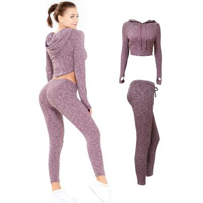 China New breathable sexy navel exposed knitting suit women's fitness tight quick-drying hip lifting sports hooded running bra and yoga pants set for sale