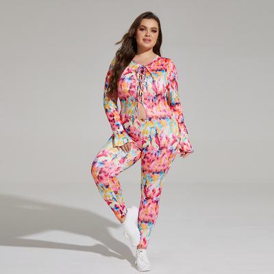 China Breathable Color Printed Jumpsuit Running Stain Fitness Suit New Yoga Clothes Big Size Sexy Fat Women for sale