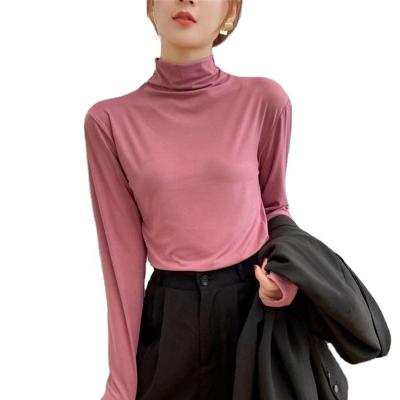 China 2021 New Arrival Breathable Women's Silk Shirts Turtle Neck Long Sleeved Solid Pullovers Slim Fit Push-Up Shirt for sale