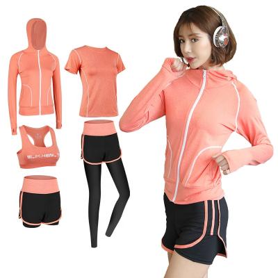 China New Women Fitness Breathable Sportswear Gaiters Tight Shorts And Top Crop Sleeve Jacket GYM Suit Long Ribbed Seamless 5 Piece Yoga Set for sale