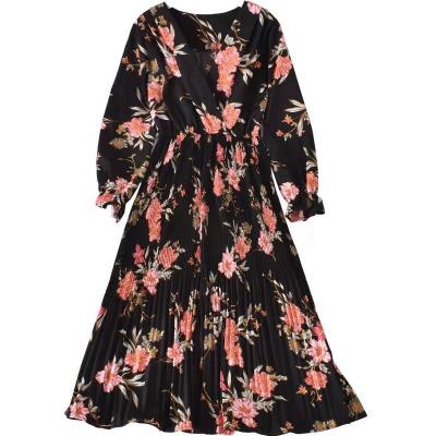 China Breathable Korean Popular Thin Chiffon V-Neck Floral Print Style Maxi Holiday Dress Ladies Long Sleeve Tiny Pleated Sleeve Dresses Clothing for sale