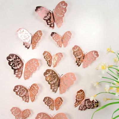 China 12pcs/set Decorative Sticker 3D Cavity Butterfly Wall Sticker for Wedding Decoration Living Room Window Decor Home Silver Gold Butterflies Stickers for sale