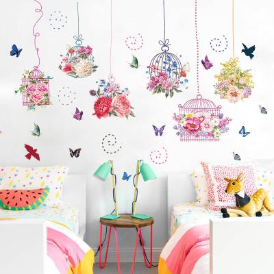 China Decorative Sticker Colorful Flowers Birdcage Butterfly Wall Sticker Kids Home Decor Rooms Stickers Muraux Adesivos De Parede for sale