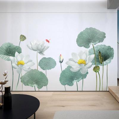 China Lotus Wall Decal Vinyl Lotus Flower Ink Lotus Stickers Traditional Wallpaper Sticker Artwork Decorative Sticker For Bedroom Decoration for sale