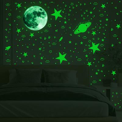 China Decorative 3D Sticker Moon Stars Dots Spaceship Red Luminous Wall Sticker Kids Room Ceiling Stairs DIY Wallpaper Fluorescent Wall Decals for sale