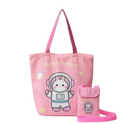 China Cute Pink Astronaut Rabbit Cartoon Printing Canvas Student Shopping Bag Shoulder Bag Mobile Phone Bag Mealtime Reminder One for sale