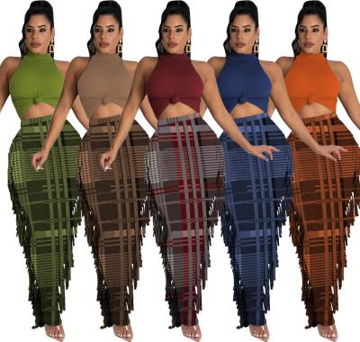 China 2022 Summer Spring Women Lady Plaid Tassel Waist Vest 2 Sleeveless Sexy Breathable Skinny Skirt Set Two Piece Tops Outfits For Women Clothes for sale