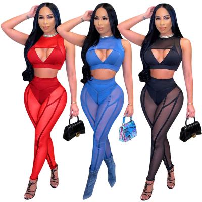 China 2022 Summer Breathable Sexy Backless Nightclub 2 Ladies Mesh See Through Hollow Out Women's Bodycon Set Two Piece Outfits For Women Dress for sale