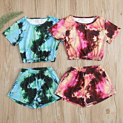 China Polyester Polyester Children's Clothing Girls' Wear Children's Tie Round Neck Shirt Short Sleeve Dye Shorts 2 Pieces Set Children's Clothing Children's Clothing Set children for sale