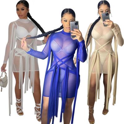 China 2021 Women's Summer Long Sleeve Fashion Mesh Knot Perspective Bodycon Bandage Dress Style Mesh Breathable Sexy Night Club Dress Short Dress for sale