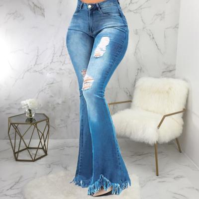 China European and American fashion raincoat flexible thin wide-leg raincoat washed denim bell bottoms ripped pants for sale