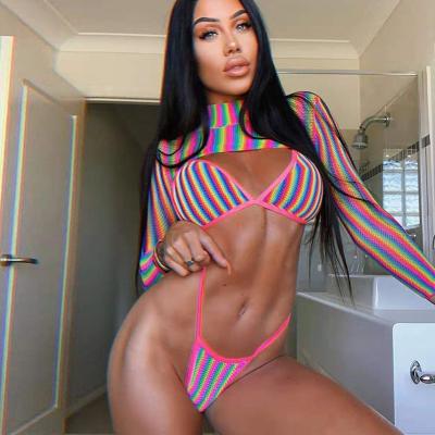 China Breathable Breathable Swimwear and Beachwear Bikini Women Stripe Ladies Thong Sexy Triangle Sleeve Suit Rainbow Gradient Print Long 3 Piece Swimsuit Hot for sale