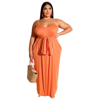 China Hot Orange Color Cotton Soild Anti-Wrinkle Anti-Wrinkle Amazon Sale Maxi Women Long Dress With Waist Sleeveless Plus Pockets And Belt for sale