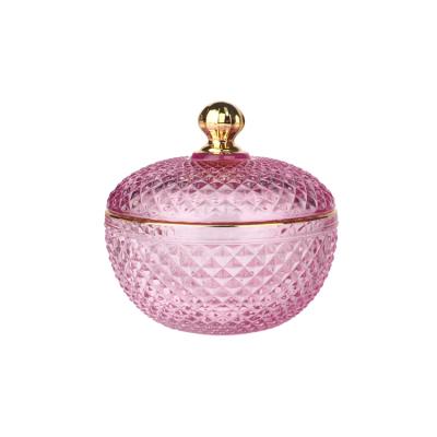 China New Product 6oz 10oz GEO Empty Wax Tank Cut Pink Glass Candle Jar With Gold Rim And Lid for sale