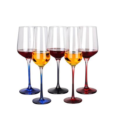 China Customized New High Quality Classic/Postmodern Logo Goblet Lead Free 350ml 450ml 550ml Wine Glasses With Gold Rim And Colorful Stem for sale