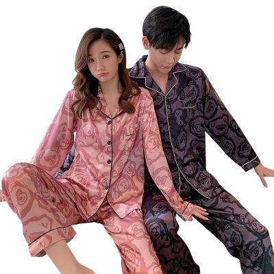 China Breathable Long Sleeve Satin Pajamas Sets Couples And Lover Sleepwear Set Designers Men And Women Silk Pajamas for sale