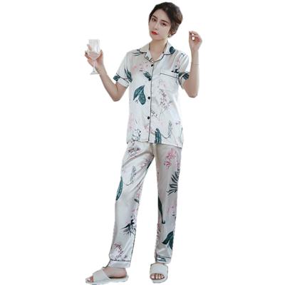 China Plus Size M To 5XL Breathable Satin Silk Women's Sleepwear Two Piece Short Sleeve And Long Pants Sets for sale