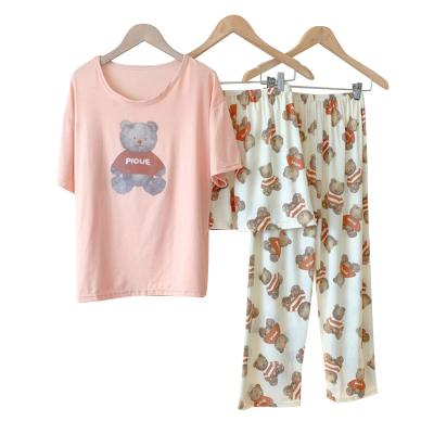 China QUICK DRY Three Piece Cute Printed Short Sleeve Pajamas Set Milk Sleepwear Long Pants And Silk Shorts Pants for sale