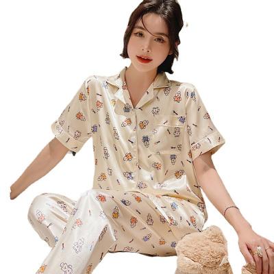 China 2021 Design Cute QUICK DRY Silk Satin Pajamas Women's Short Sleeve Sleepwear for sale